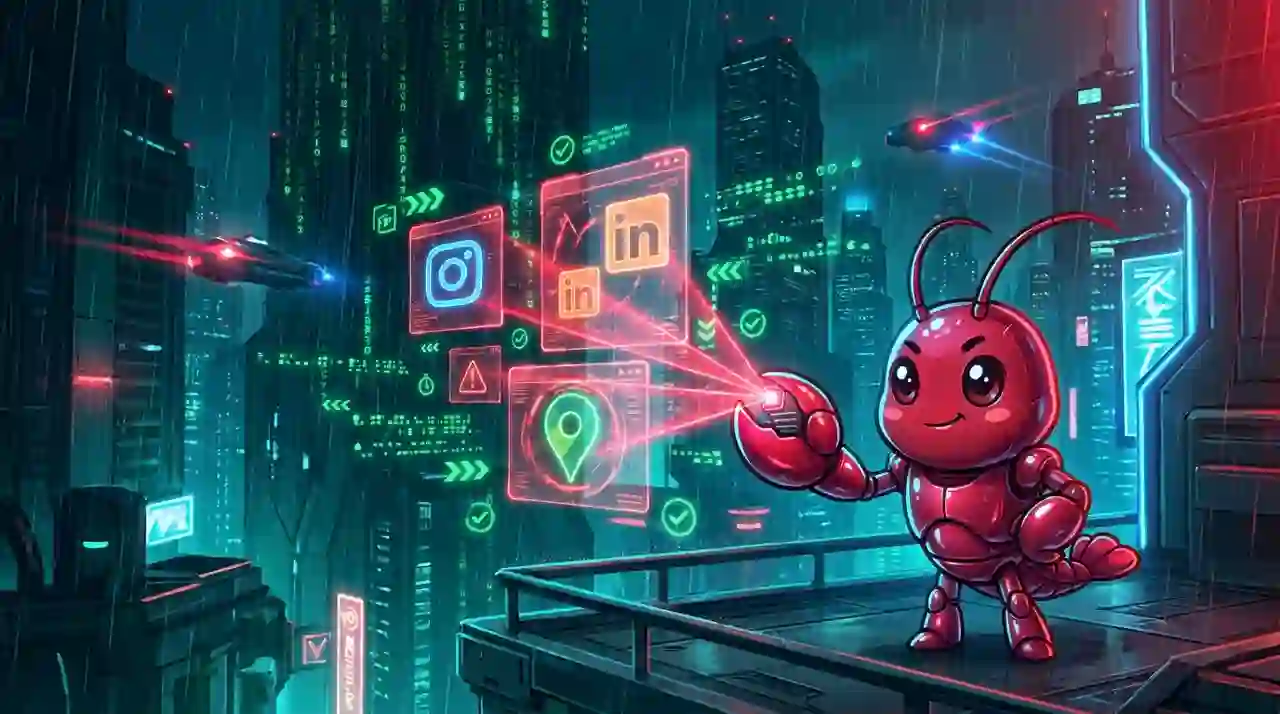 Lagostinha cyberpunk OpenClaw prospectando em rede agêntica
